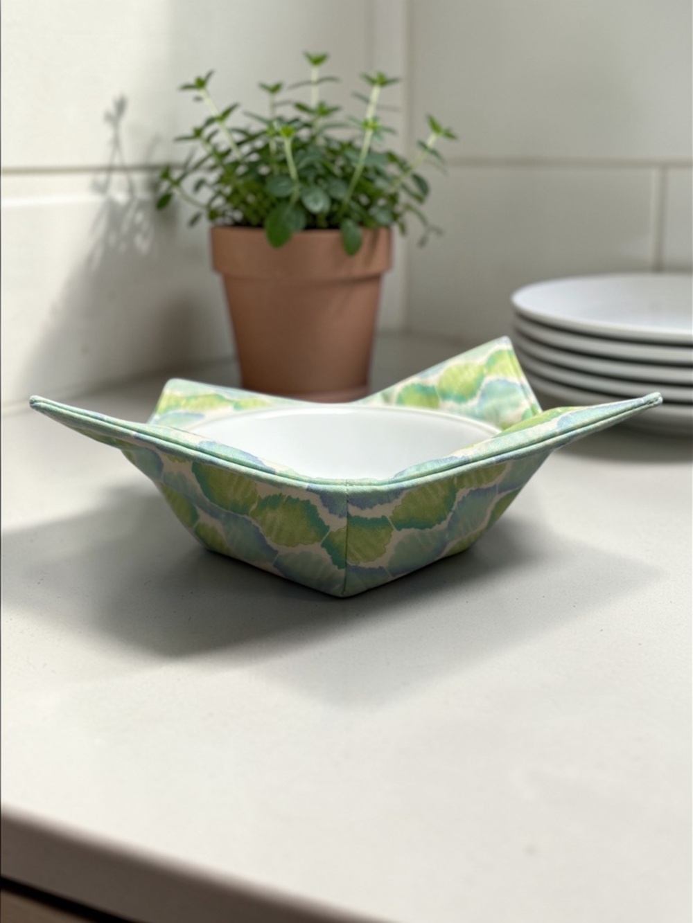 Hand Crafted Bowl Cozy Bowl Holder Microwavable Cotton Padded Green and Blue - Picture 2 of 11